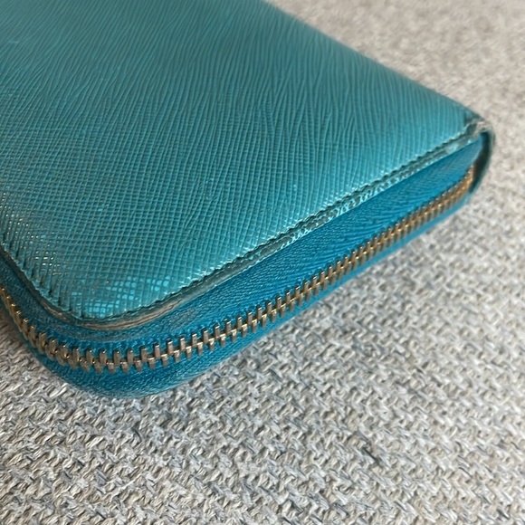 PRADA: Teal Blue Leather & Heritage Gold Logo Long Ziparound Wallet - Picture 7 of 11